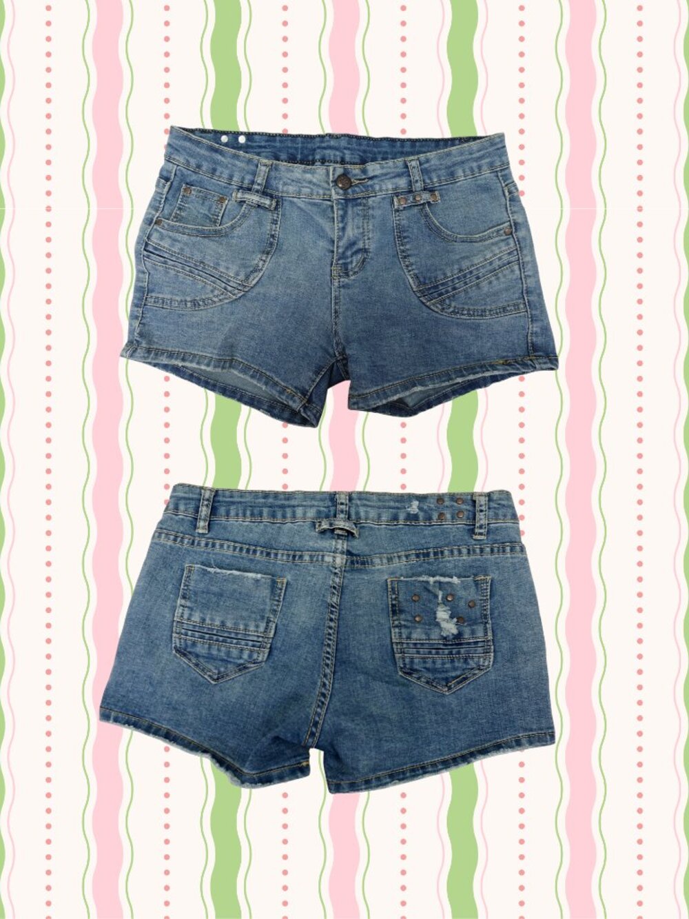 Y2K Vintage FUBU Brand Distressed Studded Denim Low Rise Mini Shorts 2000s